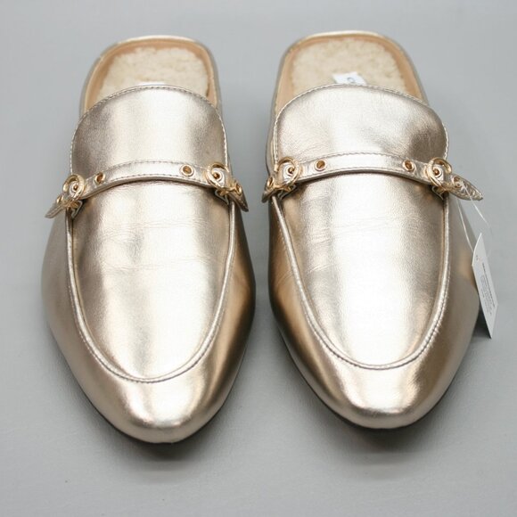 Coach Ladies 11 B Irene Mules Metallic Gold Leather Slides Flats Shearling Shoes - Picture 3 of 12